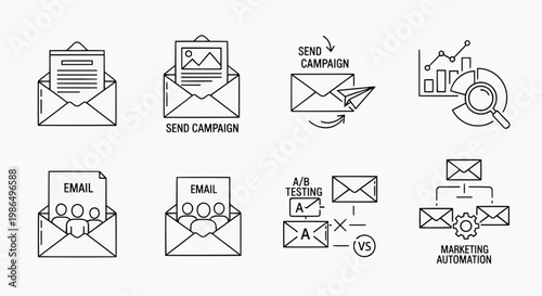 Set of eight line icons illustrating email marketing and communication concepts for digital campaigns and automation