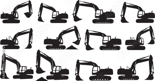 Excavator Silhouettes in Various Positions and Angles
