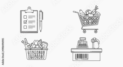 Set of icons representing shopping, grocery, and finance management with shopping cart and checklist