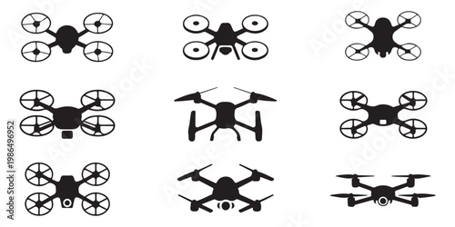 Set of 9 drone quadrocopter icon, modern drone symbol for web, ui. quadrocopter, drone concept, black and white icon.