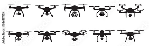 Various drone icons with cameras black silhouette modern aerial vehicles for photography and videography.