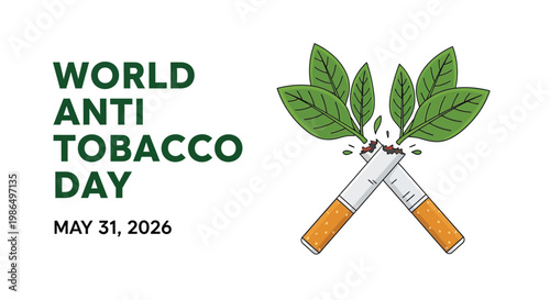 World anti tobacco day awareness illustration with broken cigarettes and leaves