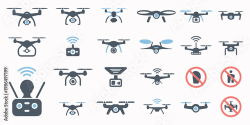 Drone icons and controls set technology for flight remote control and no fly zone signs.