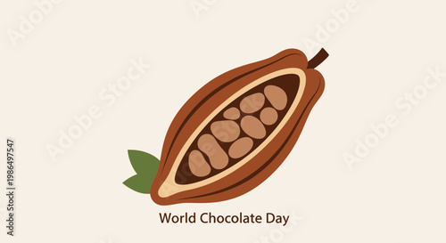 Cocoa Pod with Beans and Leaves, World Chocolate Day Illustration