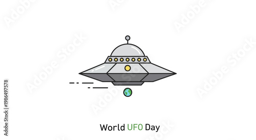 Flying Saucer Approaching Earth, World UFO Day Concept, Flat Design