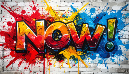 Vibrant 'NOW!' graffiti art with explosive paint splashes creating an energetic urban statement