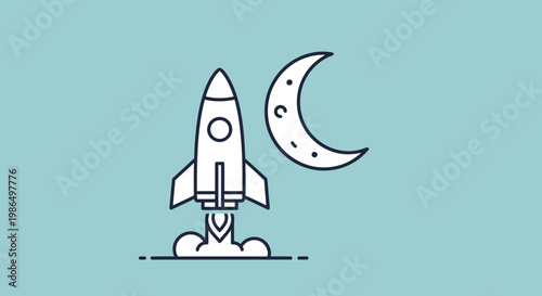 Rocket Launching Towards Crescent Moon, Space Exploration Vector Illustration
