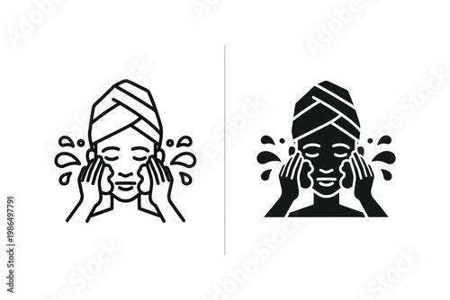 Person washing face with water splashes, clean skin care routine, vector illustration