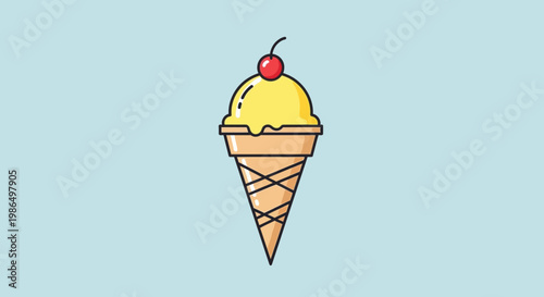 Yellow ice cream cone with cherry on top, isolated on light blue background