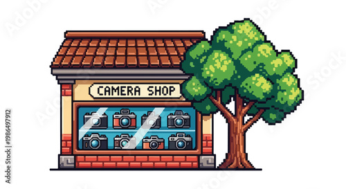 A pixel art illustration of a vintage camera shop with a display of cameras, featuring a brown tiled roof and a lush green tree beside it.