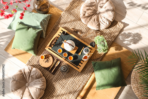 Tray with Asian tea set and...