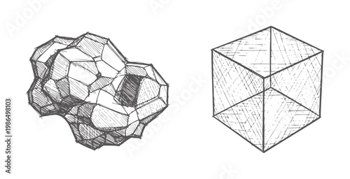 Photos Hand drawn geometric shapes cube and irregular polyhedron