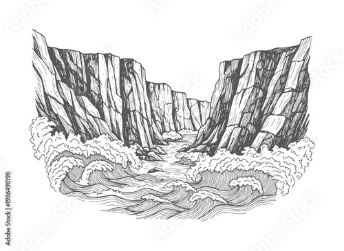 Raging river carving through steep rocky canyon walls with white water rapids rocks