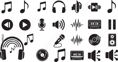 Music and audio icons in black and white