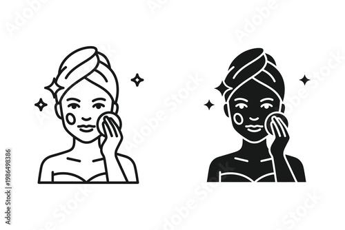 Woman applying skincare product with cotton pad, clean beauty and self-care routine vector illustration