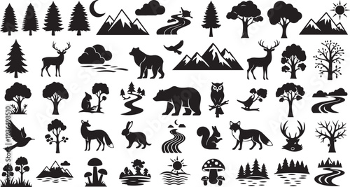 Black and white forest animal icons set collection