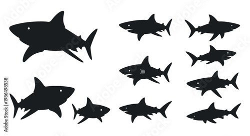 Dynamic collection of shark silhouettes in various sizes and poses, capturing the formidable and powerful presence of these marine predators in the depths of the ocean