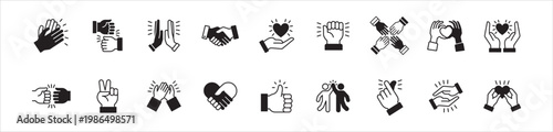 Hand sign of partnership and love icon set. Containing icon symbol : applause, fist bump, handshake, love, expression of love, peace, thumb up, care, passion, support, partnership, trust, cooperation.