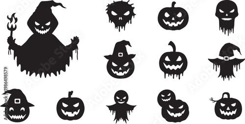 Halloween icons set with black silhouettes and faces