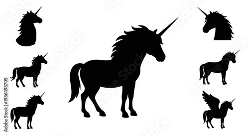 Elegant and mythical unicorn silhouettes set, featuring diverse poses of the legendary creature with a single horn, ideal for fantasy and fairytale illustrations
