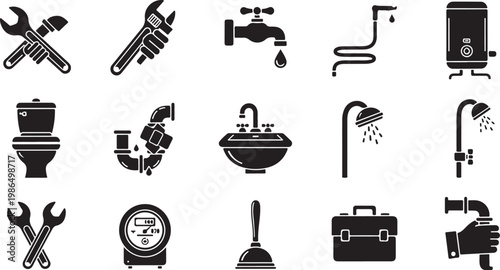 Plumbing tools and bathroom fixtures icon set collection