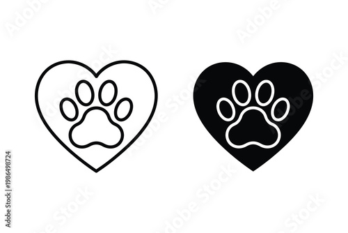 Black and White Heart with Paw Print Symbol, Pet Love Concept Vector Illustration