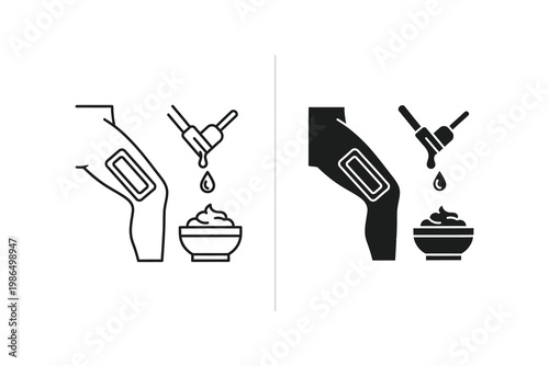 Leg waxing and hair removal vector illustration with drops and cream, line art and silhouette