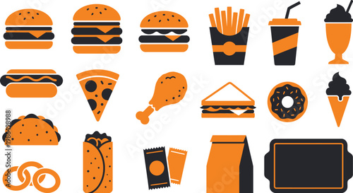 Various fast food icons in orange and black colors on white background