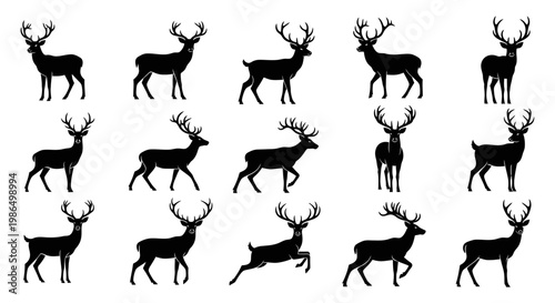 Collection of Silhouettes of Various Deer in Different Poses, Embodying the Majestic Spirit of Wildlife and Nature