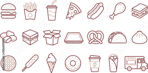 Various fast food icons including burgers, fries, pizza, and drinks in simple line illustrations and brown color scheme.