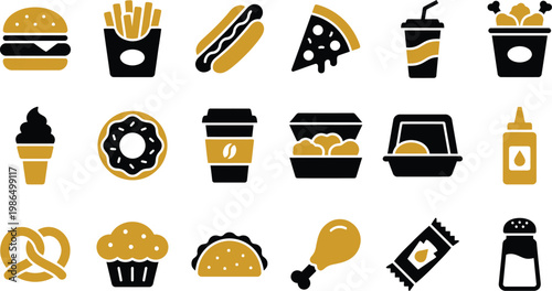 Various fast food icons including burgers, fries, hot dogs, pizza, and drinks in black and yellow colors