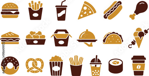 Various fast food icons including burgers, fries, pizza, and drinks on a white background