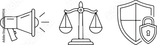 Outline icons for advocacy justice and security during legal proceedings Isolated on white background