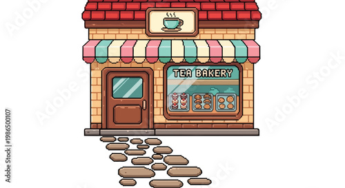 A charming pixel art vector illustration of a cozy 'Tea Bakery' storefront featuring a red tiled roof, striped awning, and a stone path.