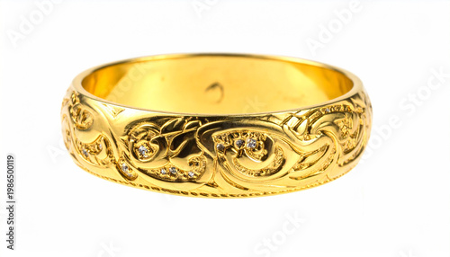 Wide gold bangle bracelet with elaborate scrollwork and diamond embellishments