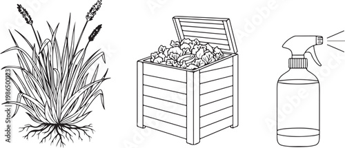 Plantain Weed Grass with Roots Compost Bin and Spray Bottle Isolated on white background