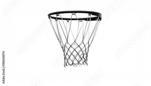 A silver basketball hoop with a white net isolated on a clean white background