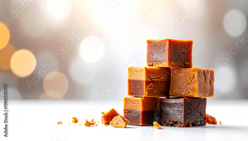 Assorted fudge cubes in a pyramid stack with blurred festive background