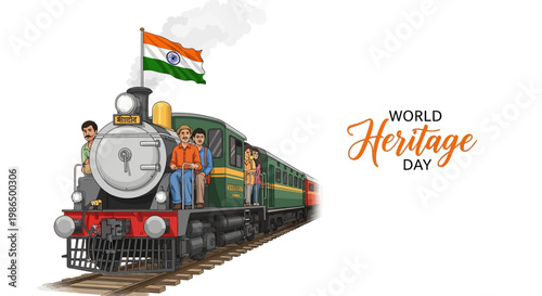 Illustrated train adorned with the Indian flag speeds along the tracks, celebrating World Heritage Day with historical sites and architecture, set against a clean white background