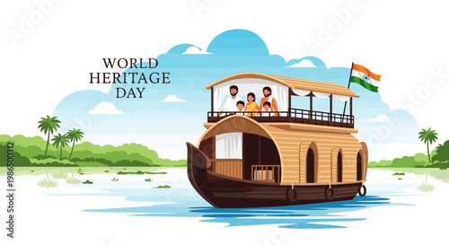 Illustrated vector art shows a traditional houseboat sailing on calm waters in India, celebrating World Heritage Day with a family on board under the Indian flag, showcasing the nation's