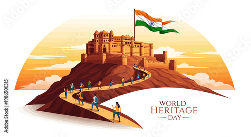 On World Heritage Day, a digitally illustrated scene depicts people walking a winding path toward a stylized Indian fort beneath a waving Indian flag, showcasing Mughal architecture