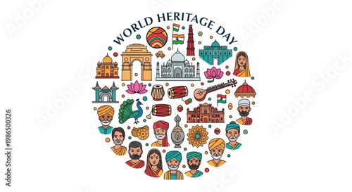 Vector illustration celebrating World Heritage Day, featuring iconic Indian landmarks like the Taj Mahal and Red Fort alongside cultural symbols arranged in a circular design