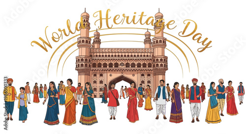 A vector illustration celebrating World Heritage Day, featuring Indian historical monuments and people in traditional clothing standing near the Taj Mahal and Red Fort against a clean white