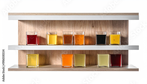 Assortment of colorful liquids and powders in glass containers on a wooden shelf