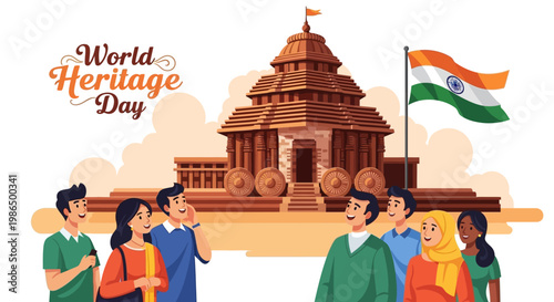 Illustrated vector scene for World Heritage Day depicts a group admiring an Indian monument with traditional architecture near a waving Indian flag, set against a bright background