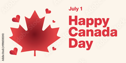 Happy Canada Day greeting with red maple leaf and heart shapes on light background for celebration.
