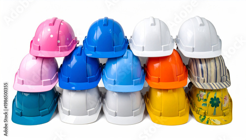 Assortment of colorful safety hard hats stacked in rows against white background
