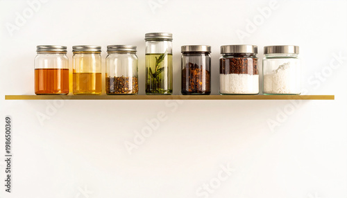 Assortment of glass jars with liquids spices and powders on a gold shelf