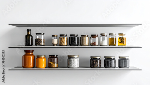 Assortment of jars filled with spices herbs and liquids on two shelves