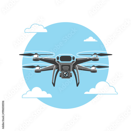 Vector illustration of a modern quadcopter drone with an integrated camera and gimbal flying against a blue circular sky background with stylized white clouds, isolated design.